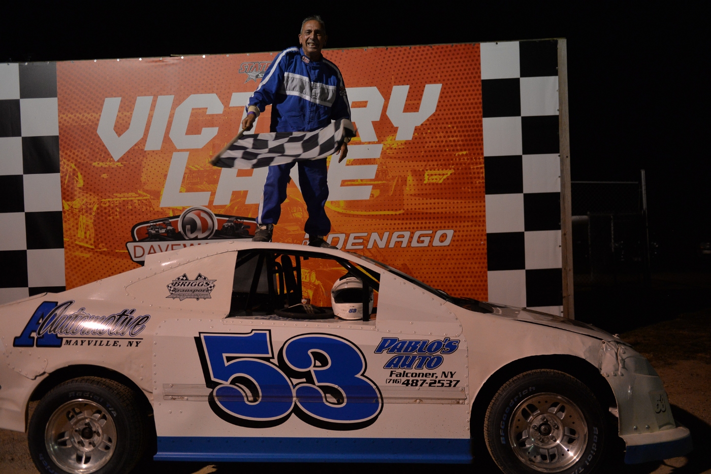 73 Year Old Pete Volpe found the Fountain of Youth at Stateline Speedway parking his #53 Challenger in Denago Powersports Victory Lane